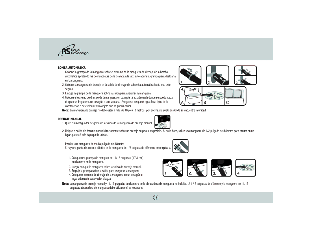 Royal Sovereign BDH-550 owner manual Bomba Automática, Drenaje Manual, En la manguera 