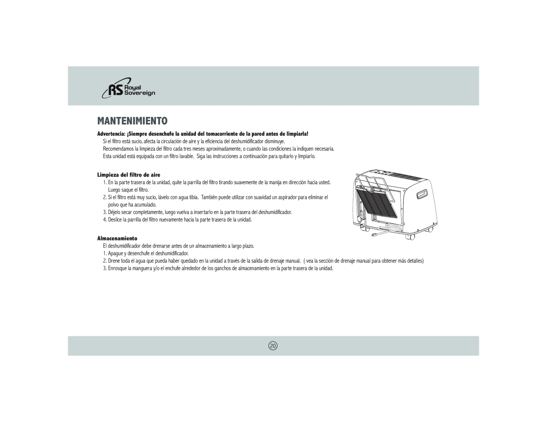 Royal Sovereign BDH-550 owner manual Mantenimiento, Limpieza del filtro de aire, Almacenamiento 