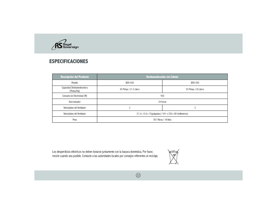 Royal Sovereign BDH-550 owner manual Especificaciones, Descripción del Producto, Deshumedecedor sin Cubeta 