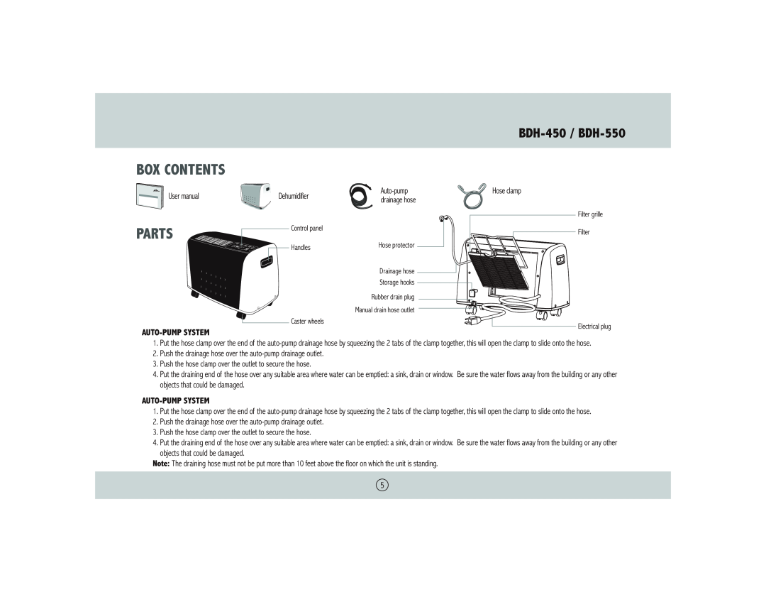 Royal Sovereign owner manual Box Contents, Parts, BDH-450 / BDH-550, Auto-Pumpsystem 