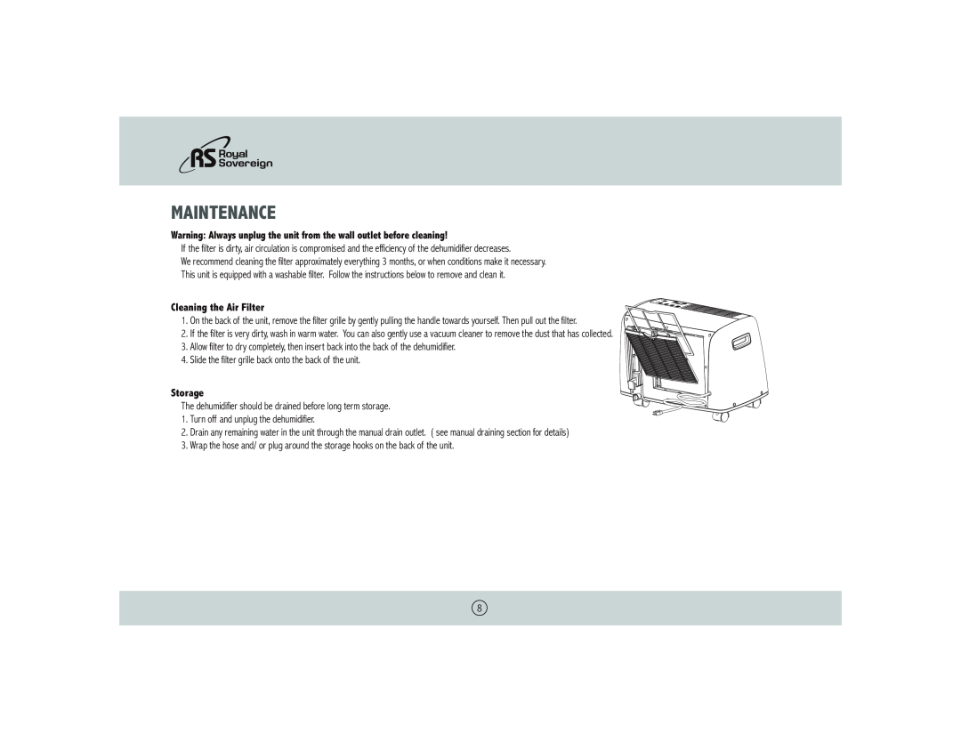 Royal Sovereign BDH-550 owner manual Maintenance, Cleaning the Air Filter, Storage 