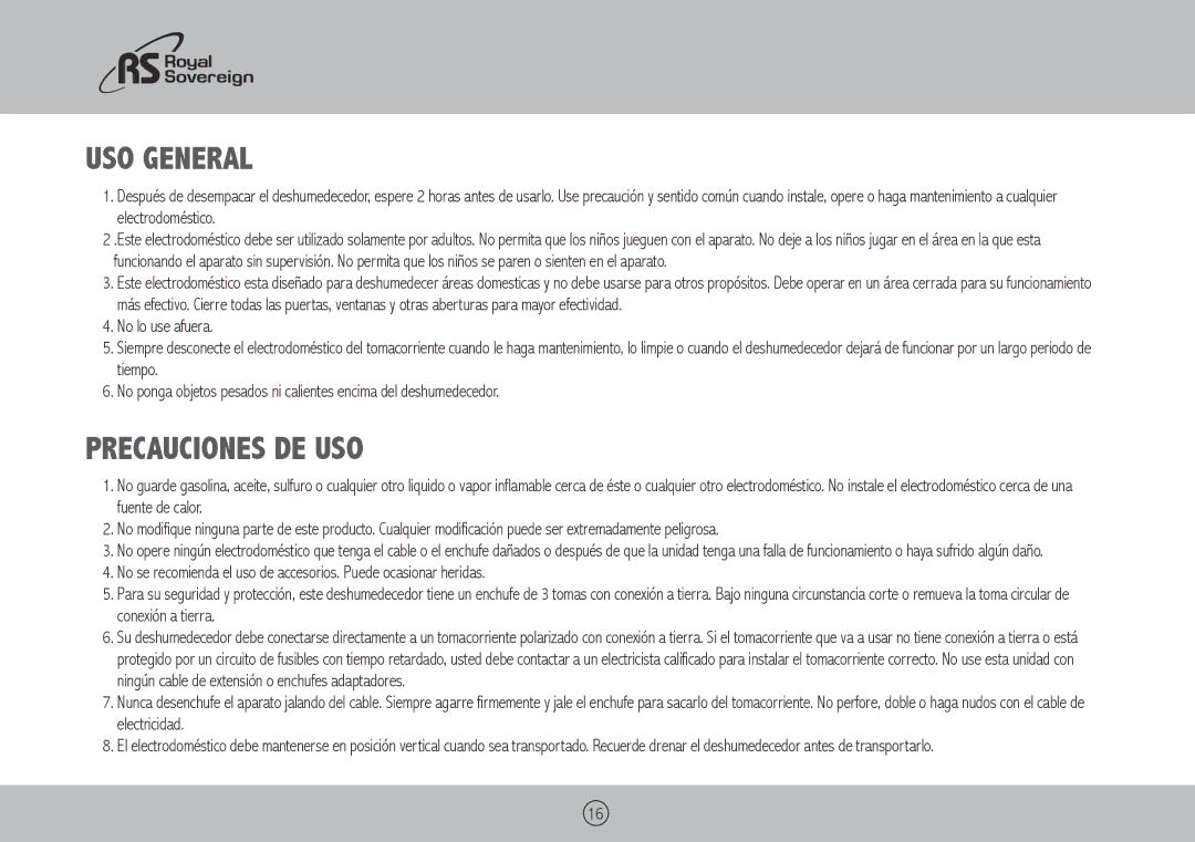 Royal Sovereign Bdh550 owner manual Uso General, Precauciones de Uso 