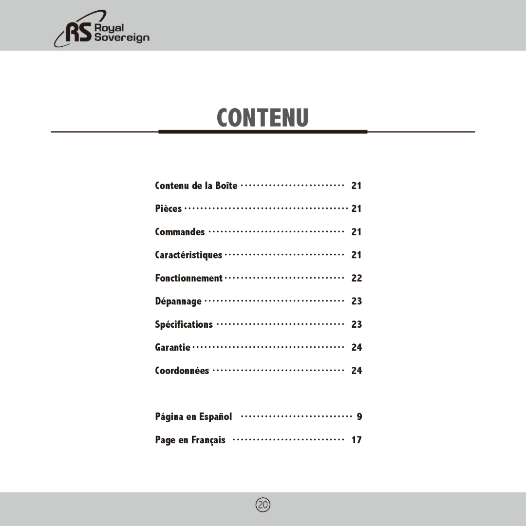 Royal Sovereign CS-900 owner manual Contenu 