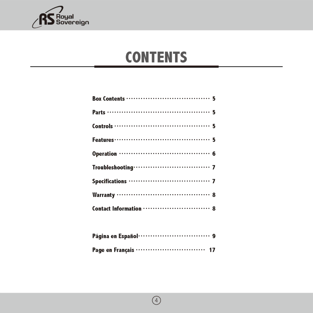 Royal Sovereign CS-900 owner manual Contents 