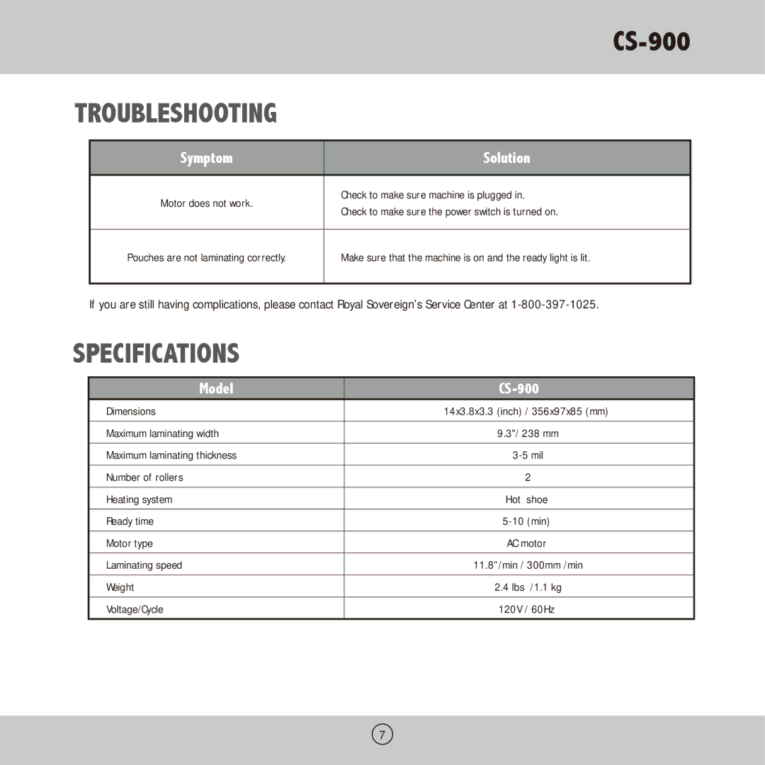 Royal Sovereign CS-900 owner manual Troubleshooting, Specifications 