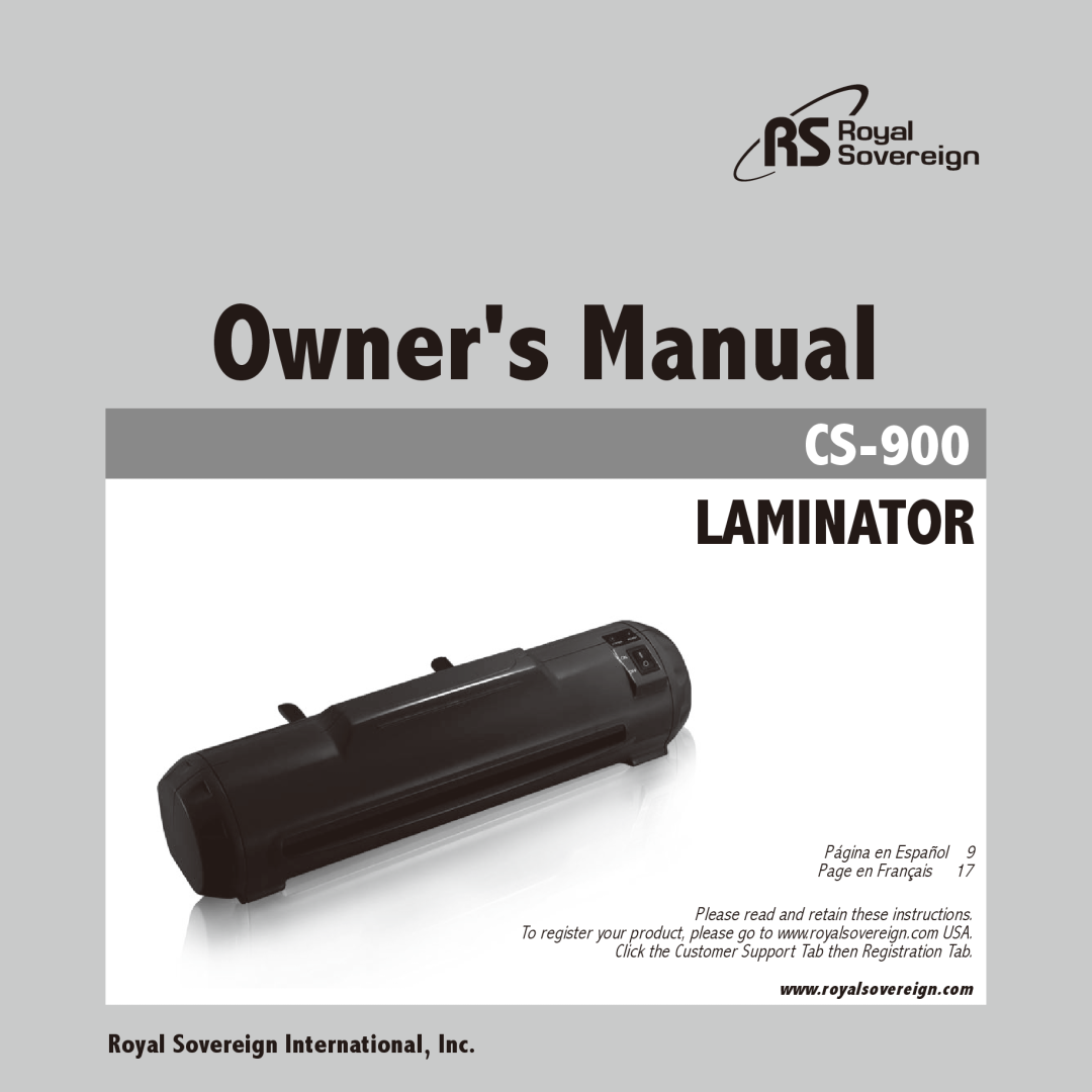 Royal Sovereign CS-900 owner manual Laminator, Royal Sovereign International, Inc, Owners Manual, Page en Français 