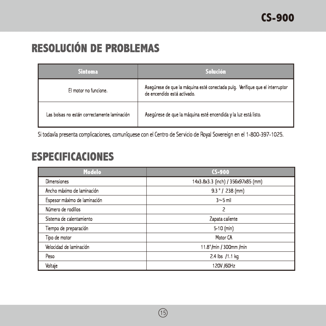 Royal Sovereign CS-900 owner manual Resolución de problemas, Especificaciones, Solución, Modelo 