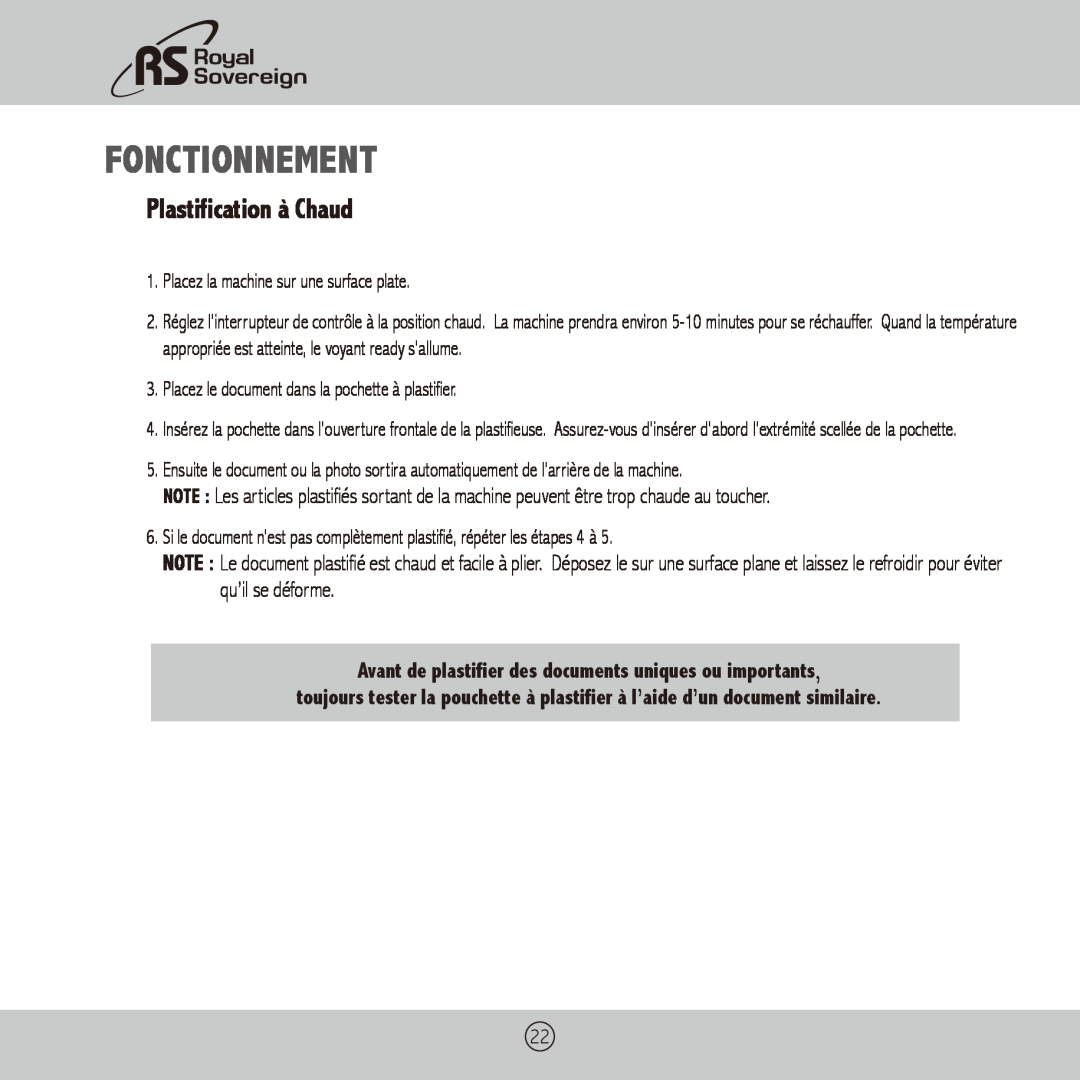 Royal Sovereign CS-900 owner manual Fonctionnement, Plastification à Chaud 