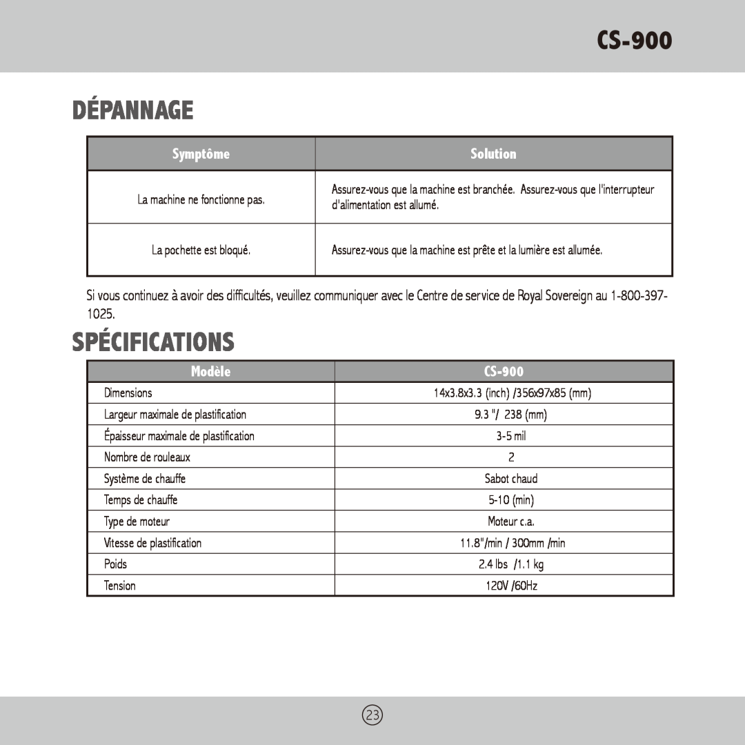 Royal Sovereign CS-900 owner manual Dépannage, Spécifications, Modèle, Solution 
