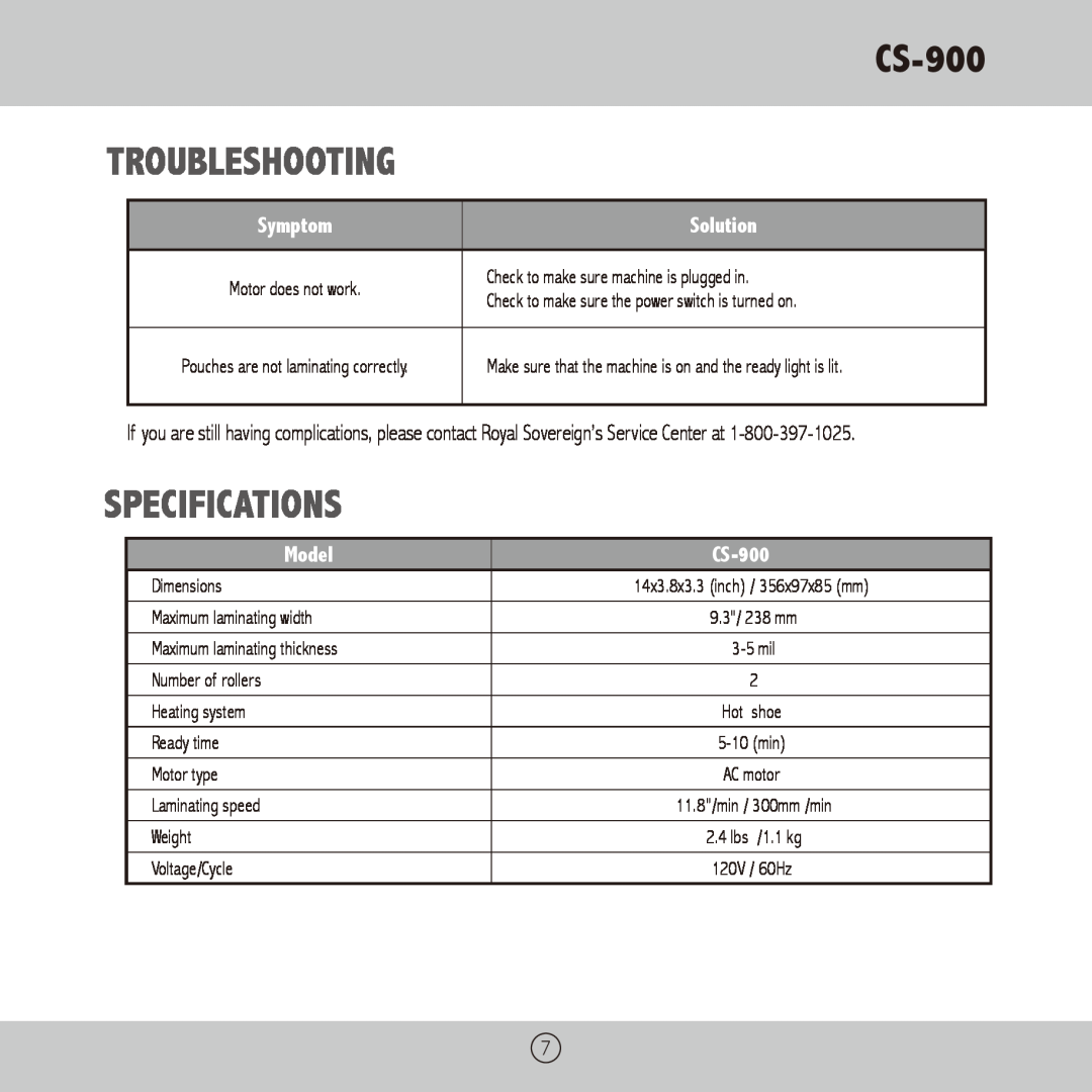 Royal Sovereign CS-900 owner manual Troubleshooting, Specifications, Solution, Model 