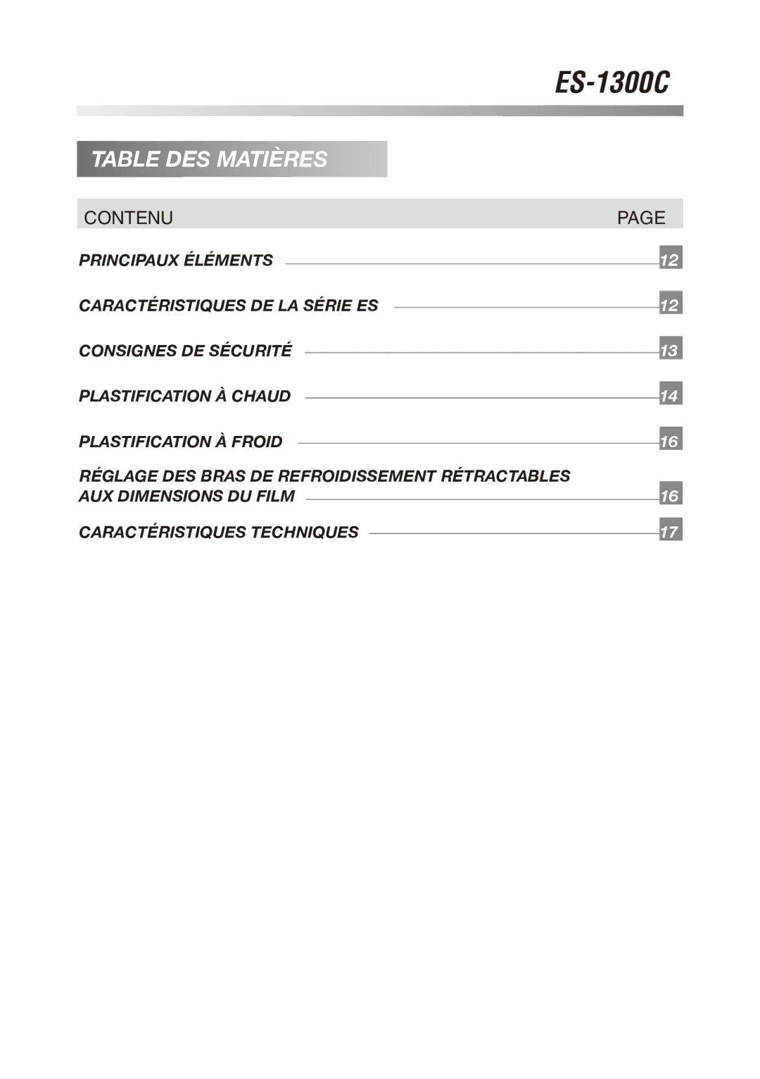 Royal Sovereign ES-1300C owner manual Table DES Matières, Contenu 