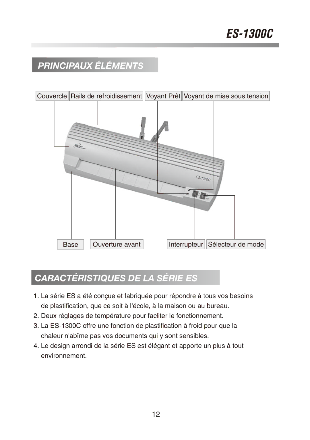 Royal Sovereign ES-1300C owner manual Principaux Éléments, Caractéristiques DE LA Série ES 