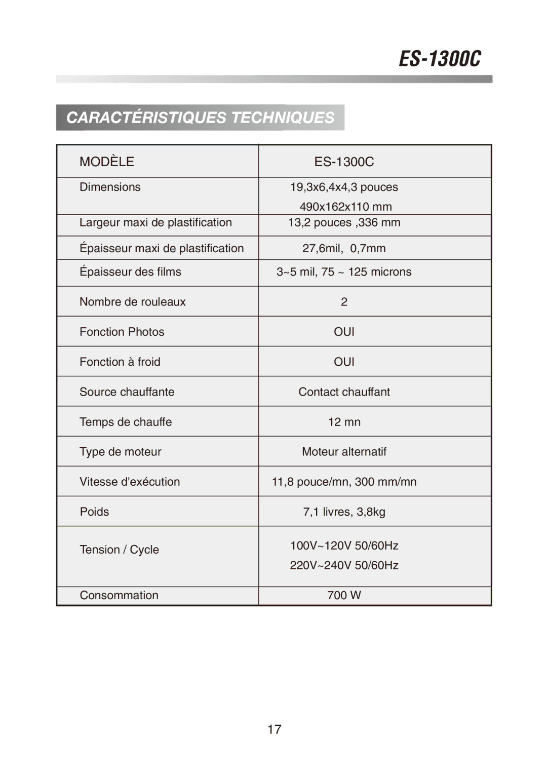 Royal Sovereign ES-1300C owner manual Caractéristiques Techniques 