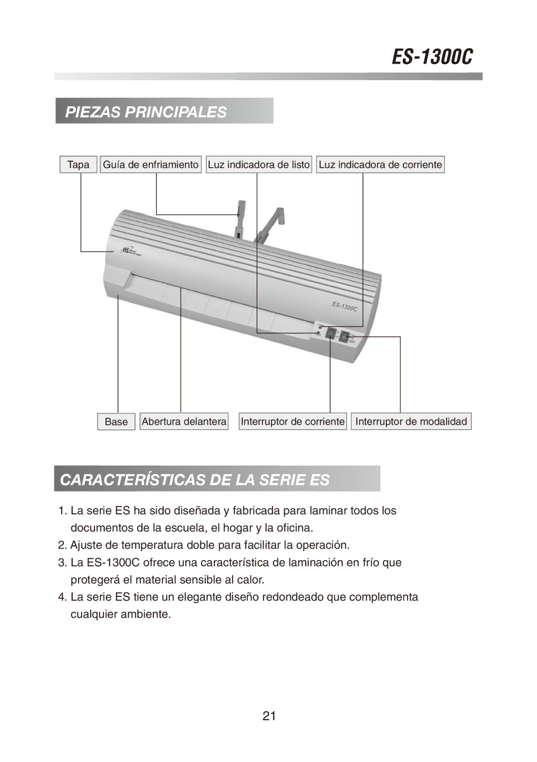 Royal Sovereign ES-1300C owner manual Piezas Principales, Características DE LA Serie ES 