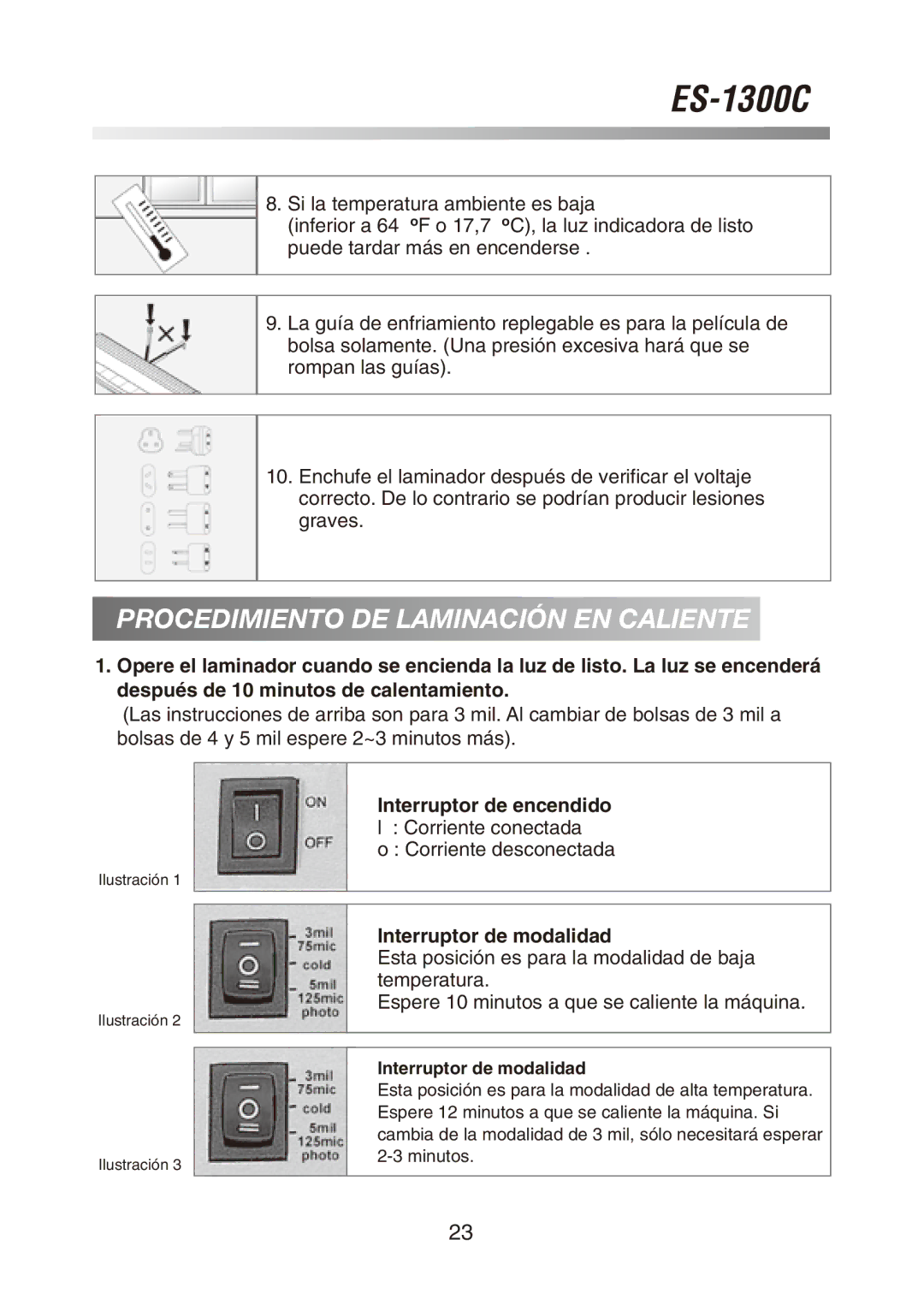 Royal Sovereign ES-1300C owner manual Procedimiento DE Laminación EN Caliente, Interruptor de modalidad 