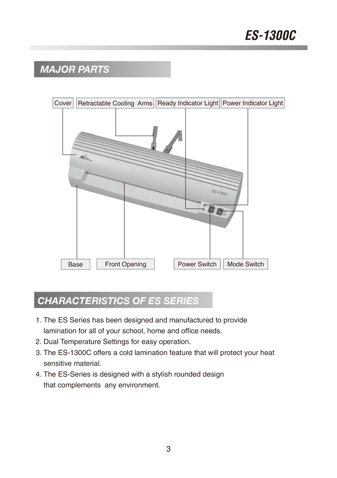 Royal Sovereign ES-1300C owner manual Major Parts, Characteristics of ES Series 