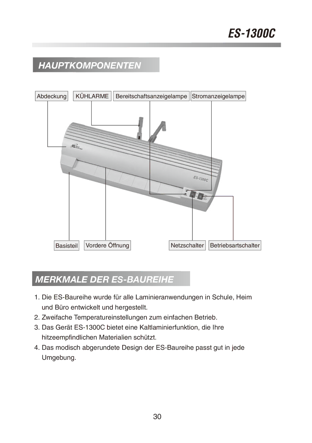 Royal Sovereign ES-1300C owner manual Hauptkomponenten, Merkmale DER ES-BAUREIHE 