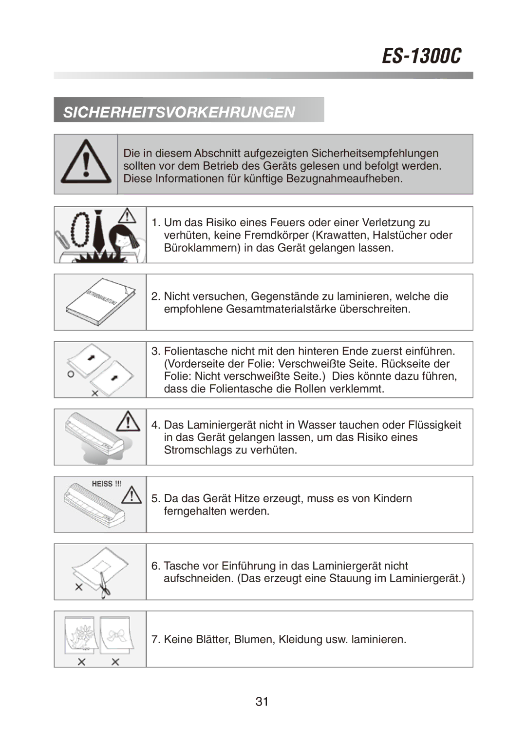 Royal Sovereign ES-1300C owner manual Sicherheitsvorkehrungen 