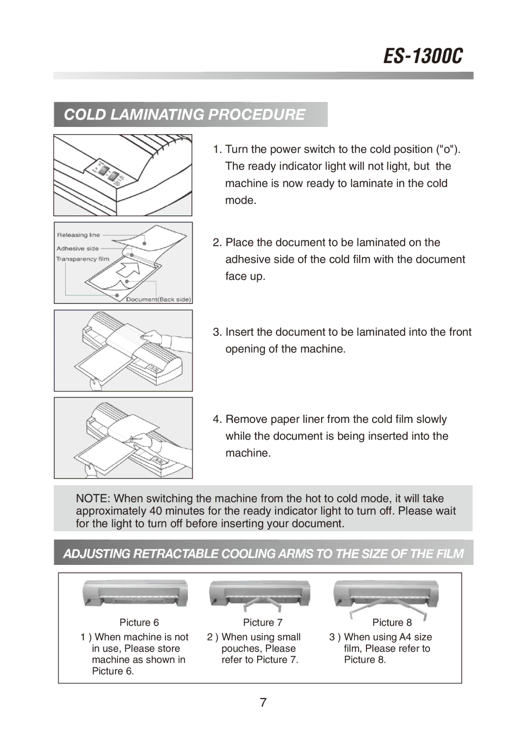 Royal Sovereign ES-1300C owner manual Cold Laminating Procedure, Adjusting Retractable Cooling Arms to the Size of the Film 