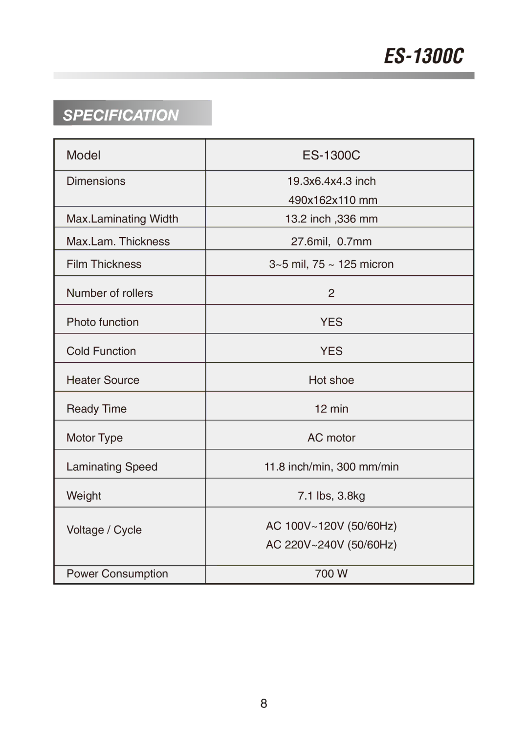 Royal Sovereign owner manual Specification, Model ES-1300C 