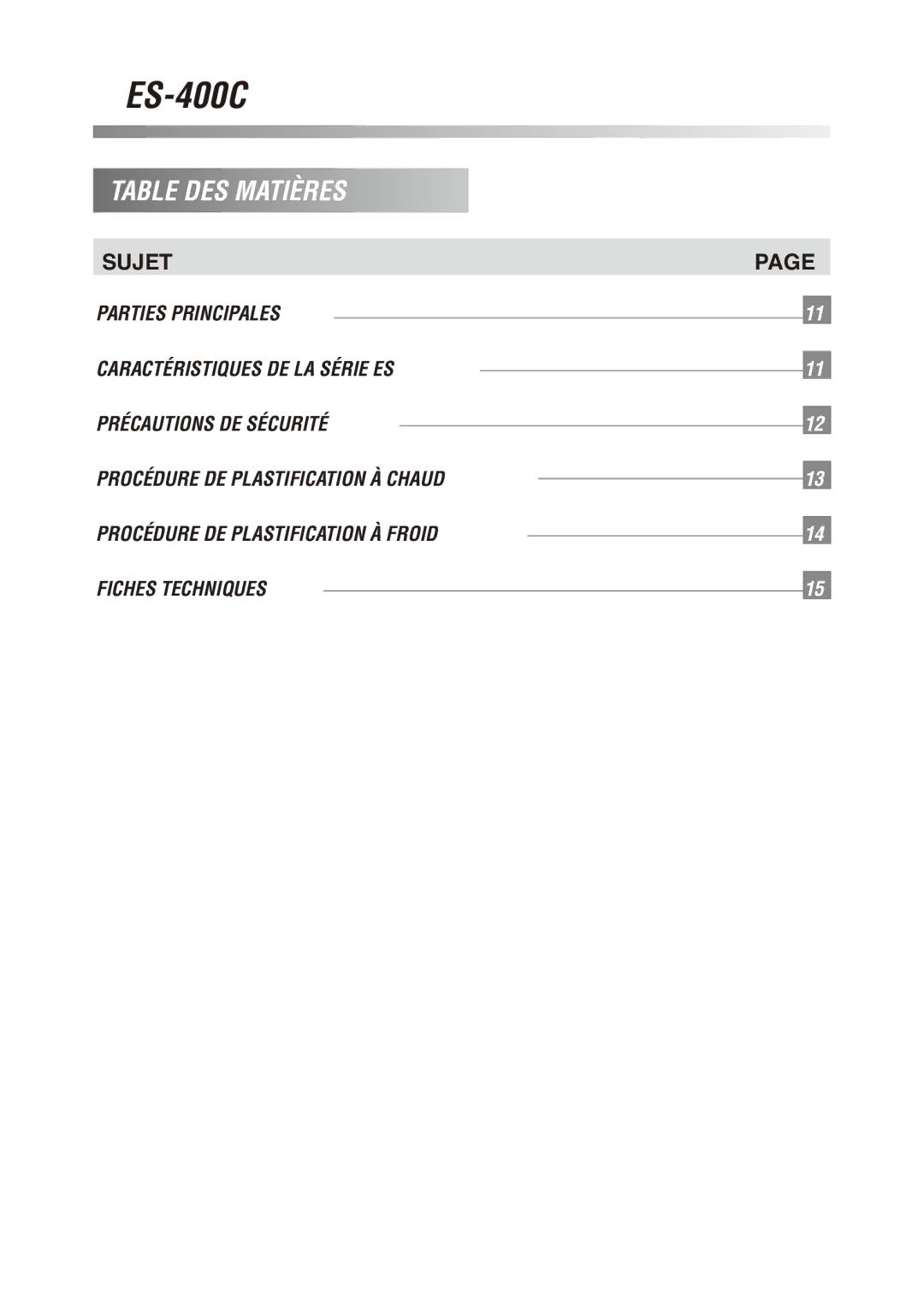 Royal Sovereign ES-400C owner manual Table DES Matières, Sujet 