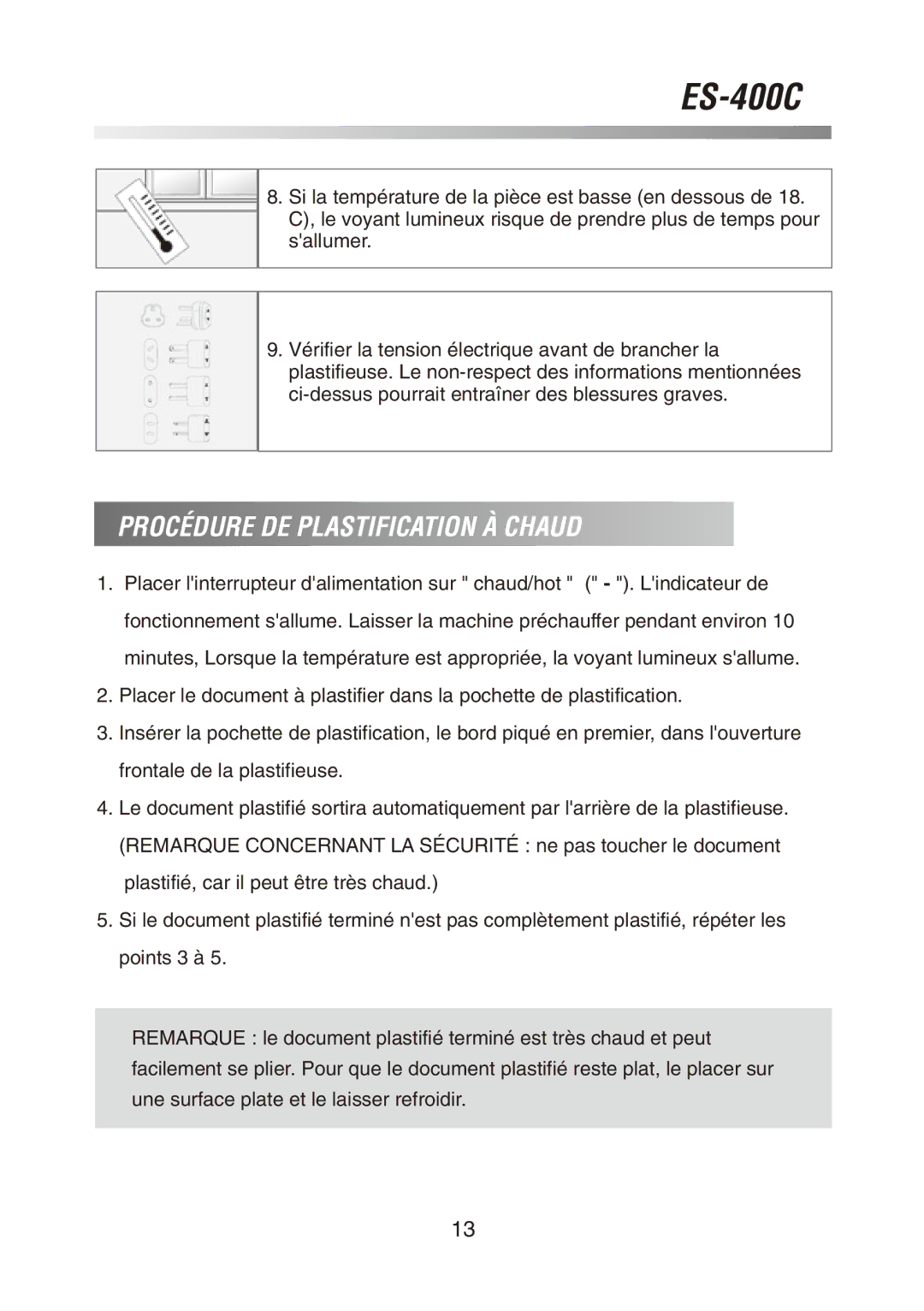 Royal Sovereign ES-400C owner manual Procédure DE Plastification À Chaud 