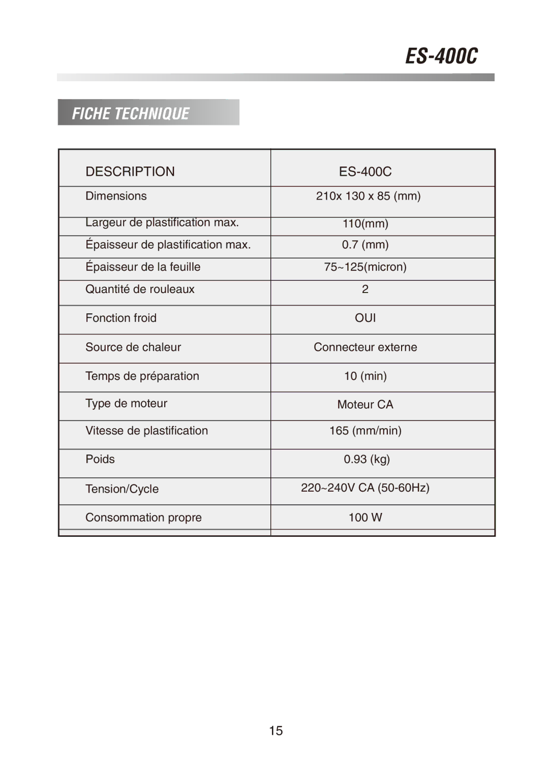 Royal Sovereign ES-400C owner manual Fiche Technique, Oui 