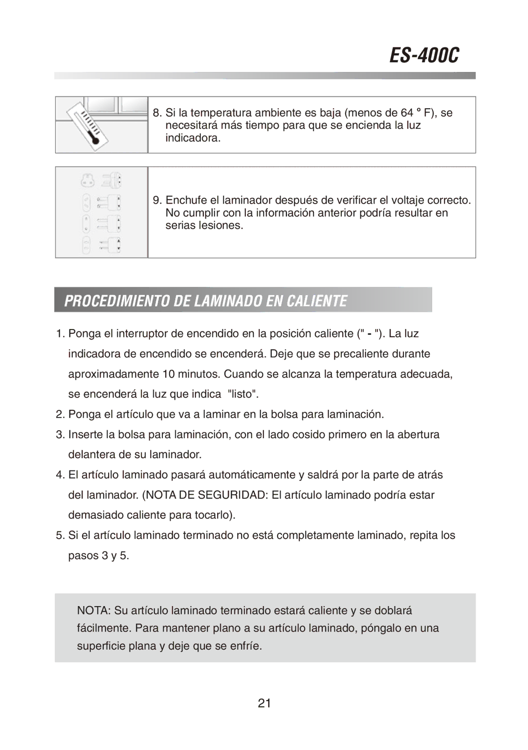 Royal Sovereign ES-400C owner manual Procedimiento DE Laminado EN Caliente 