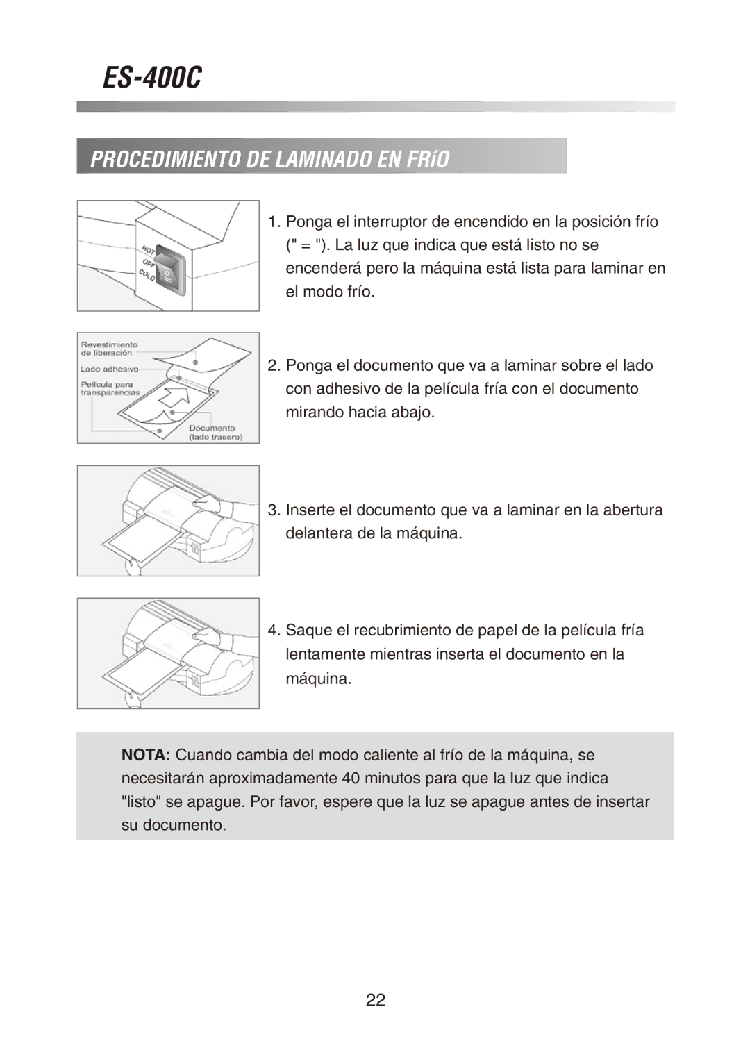 Royal Sovereign ES-400C owner manual Procedimiento DE Laminado EN FRíO 