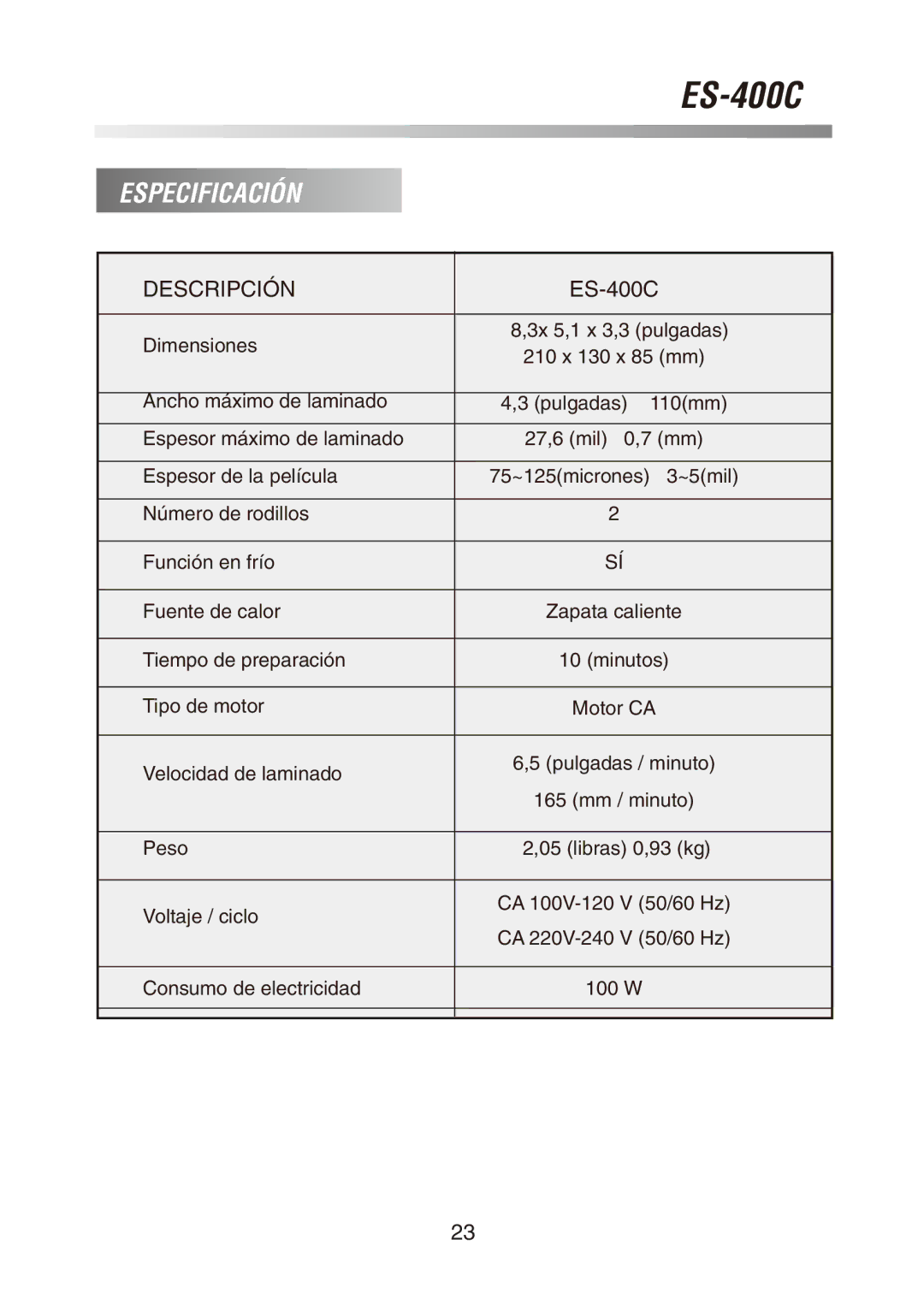 Royal Sovereign ES-400C owner manual Especificación, Descripción 