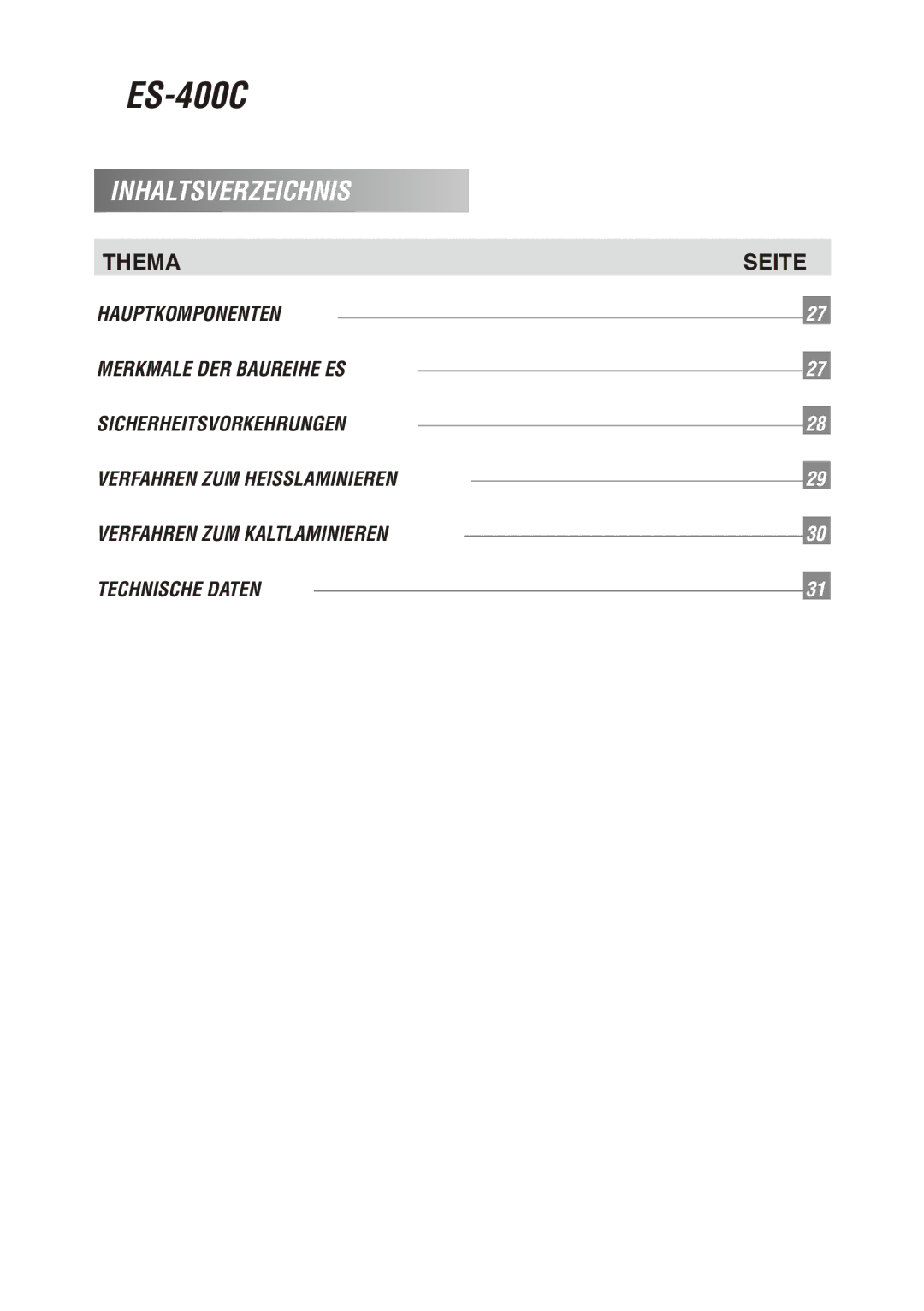 Royal Sovereign ES-400C owner manual Inhaltsverzeichnis, Thema Seite 