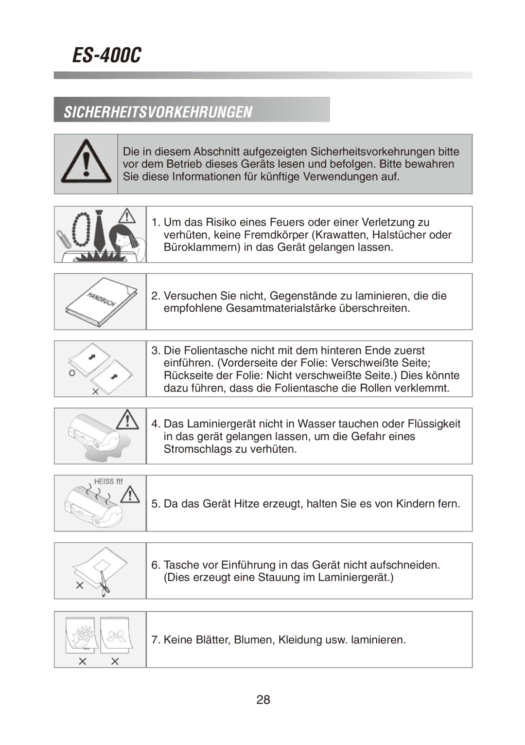 Royal Sovereign ES-400C owner manual Sicherheitsvorkehrungen 