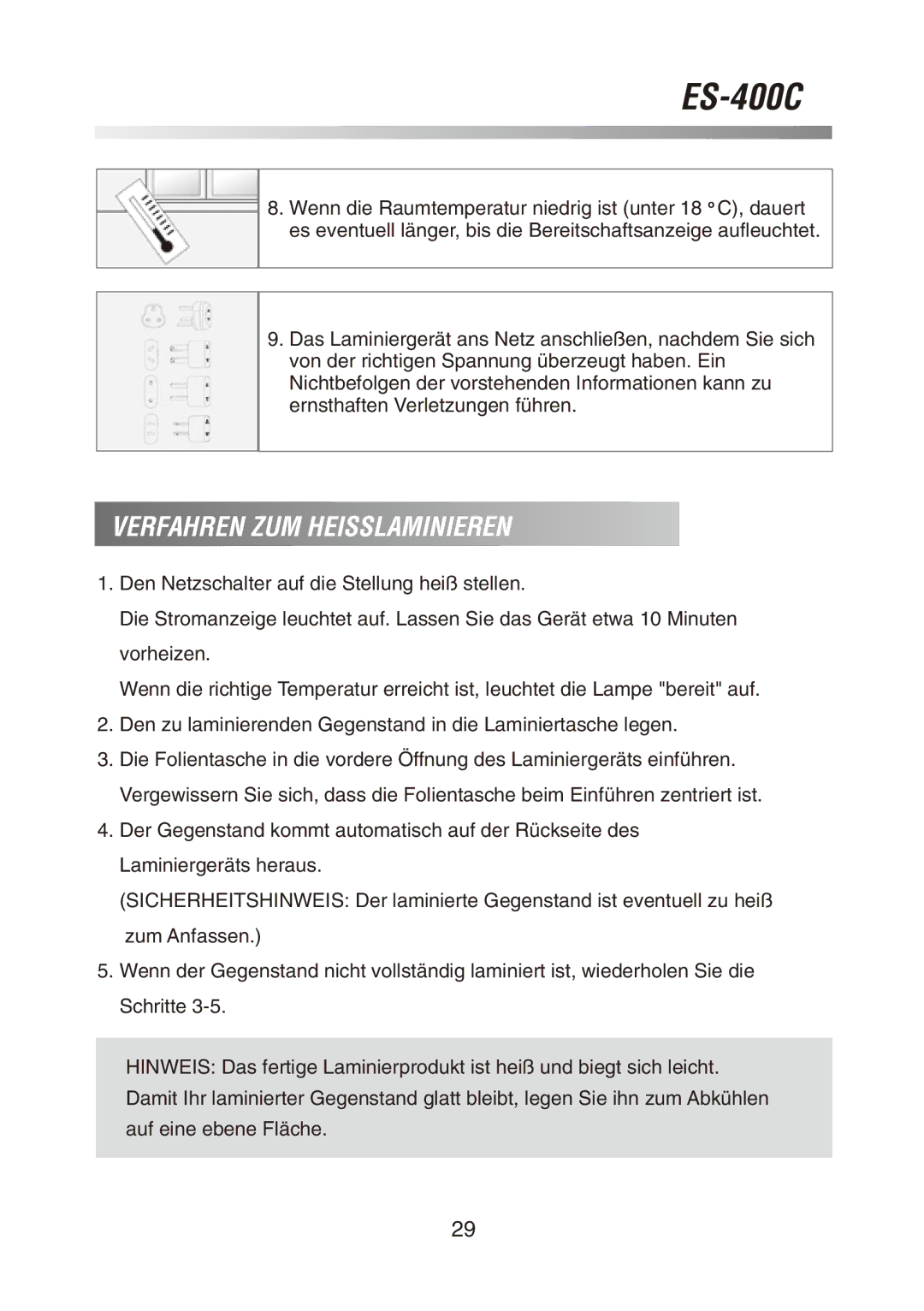 Royal Sovereign ES-400C owner manual Verfahren ZUM Heisslaminieren 