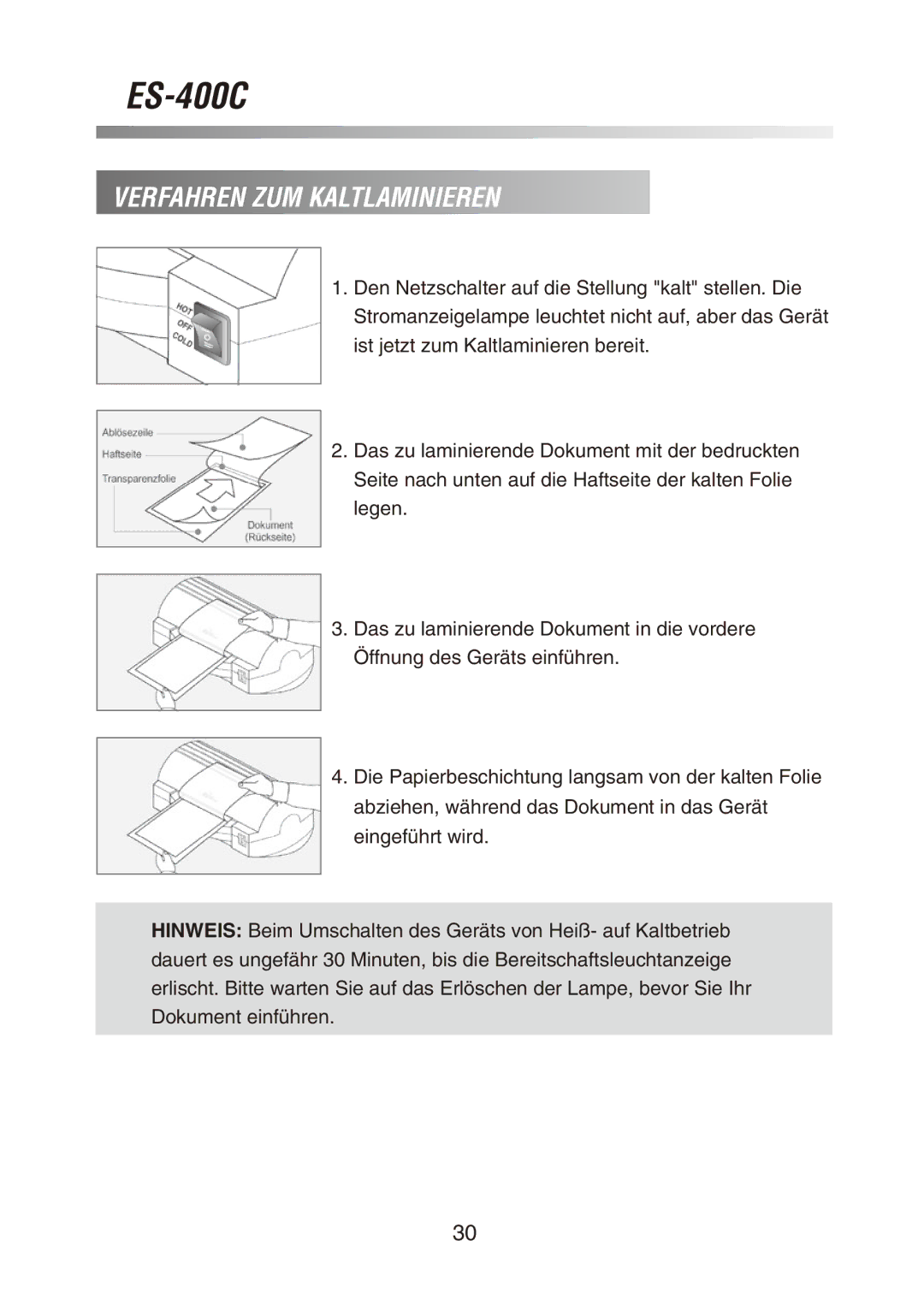 Royal Sovereign ES-400C owner manual Verfahren ZUM Kaltlaminieren 