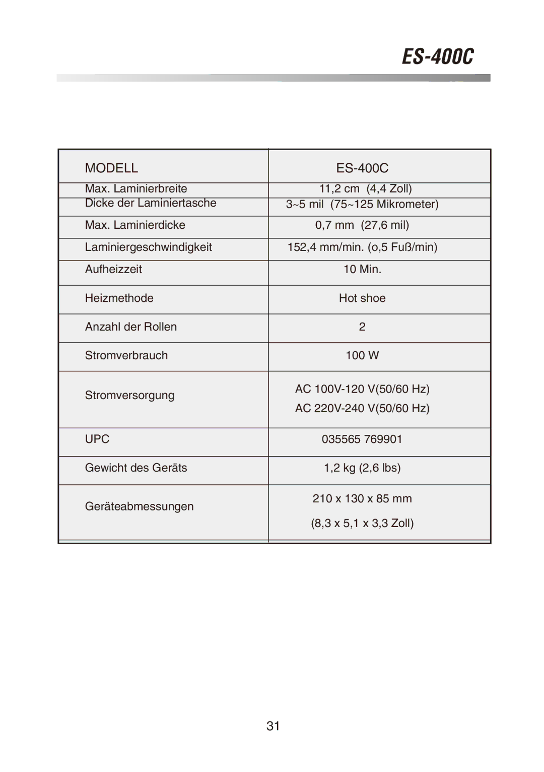 Royal Sovereign ES-400C owner manual Technische Daten, Modell 