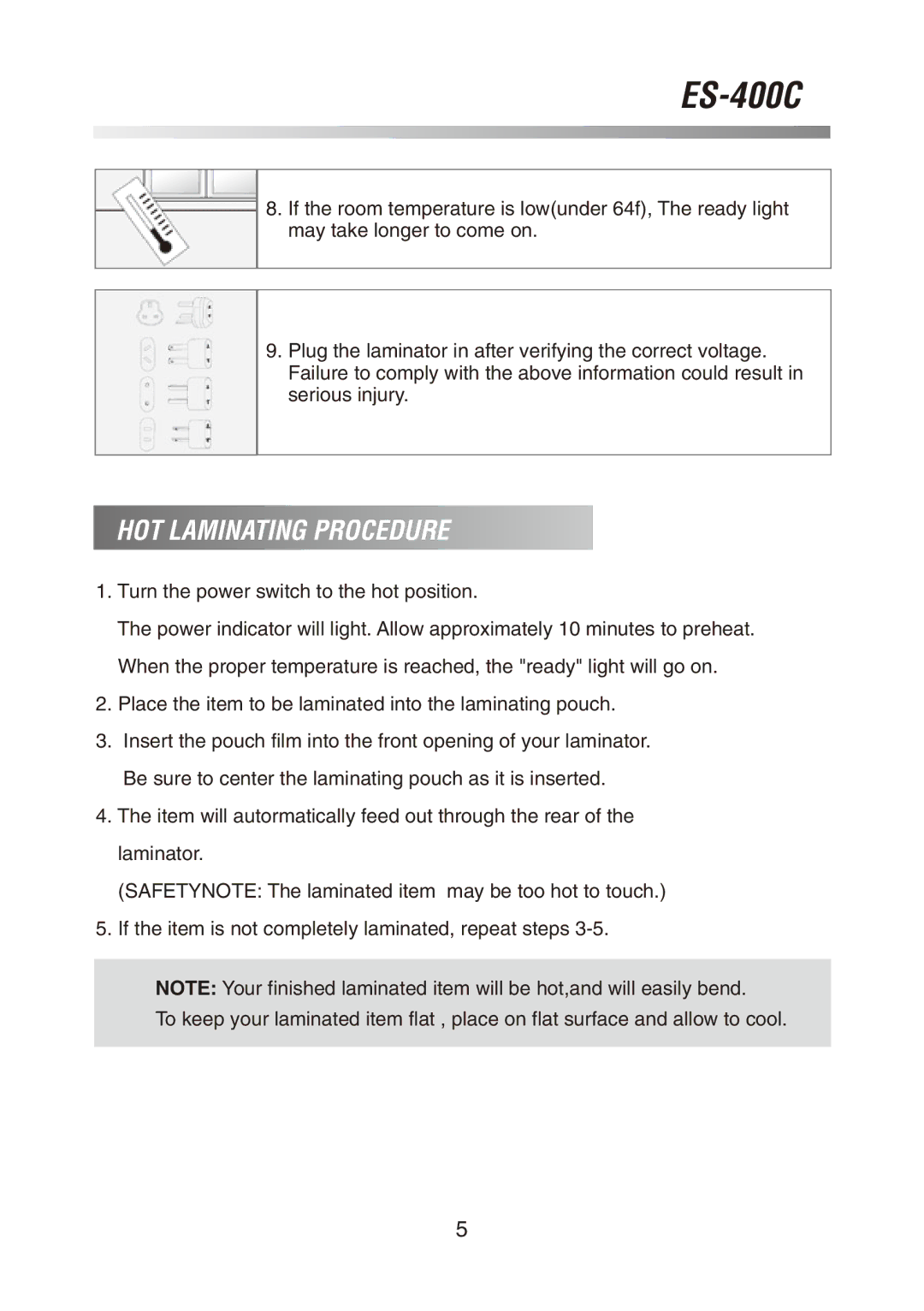 Royal Sovereign ES-400C owner manual HOT Laminating Procedure, Turn the power switch to the hot position 