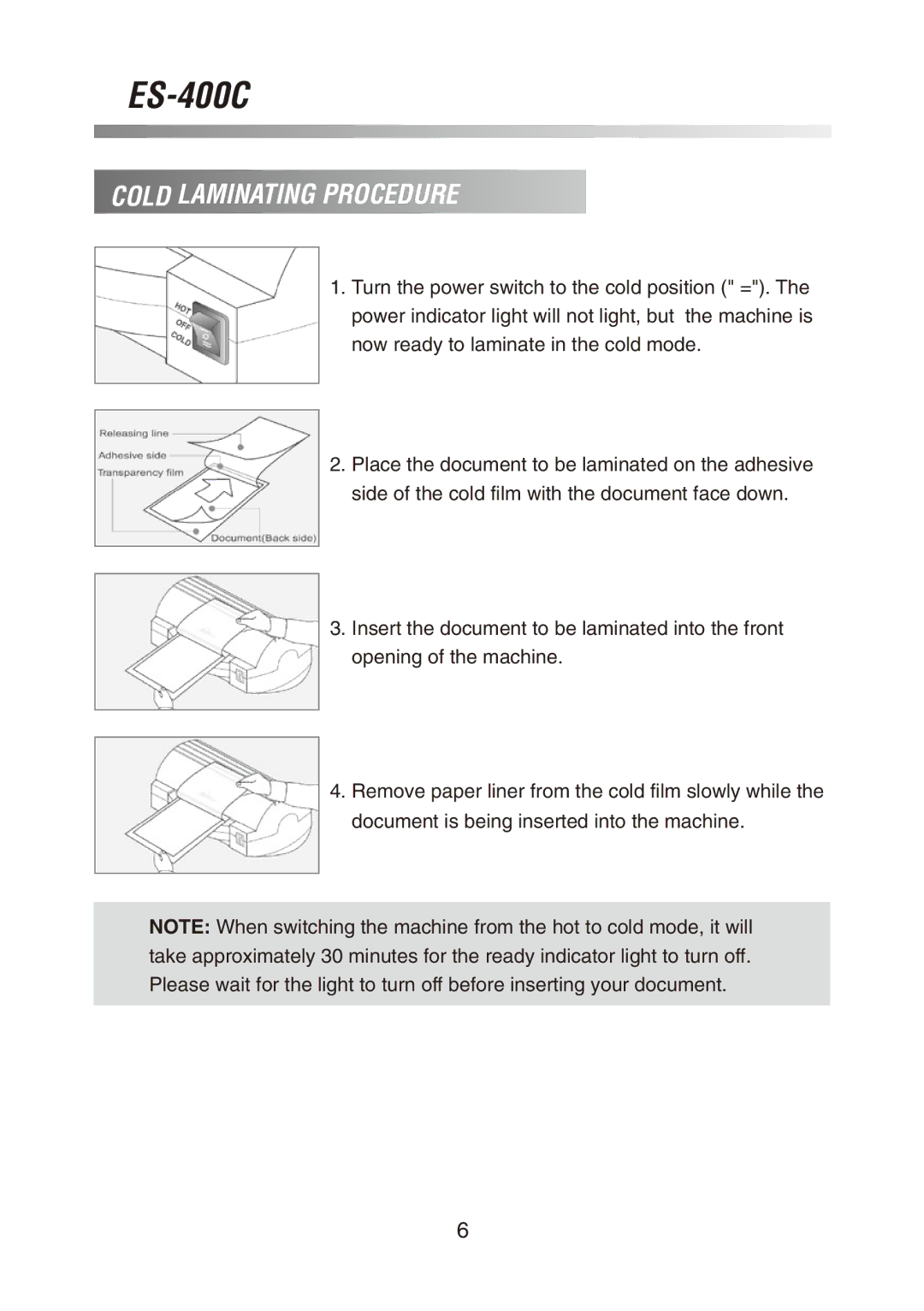 Royal Sovereign ES-400C owner manual Cold Laminating Procedure 