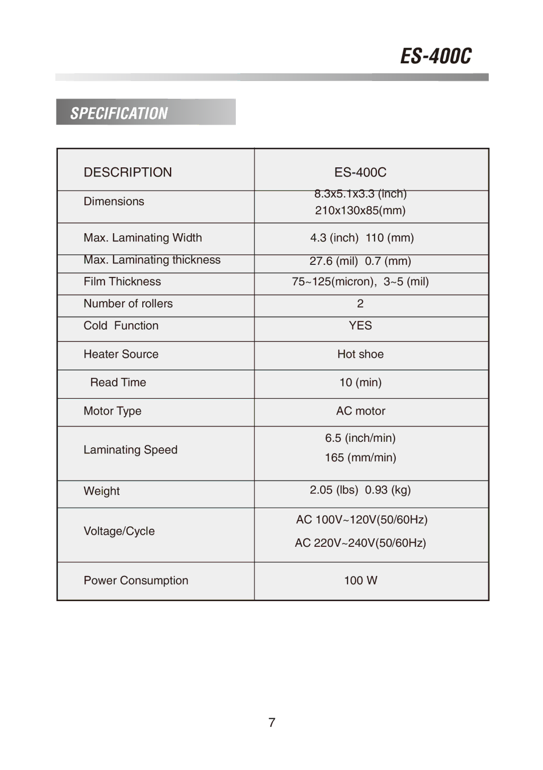 Royal Sovereign ES-400C owner manual Specification, Description 