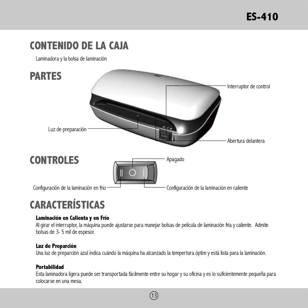 Royal Sovereign ES-410 owner manual Contenido DE LA Caja, Partes, Características, Laminadora y la bolsa de laminación 