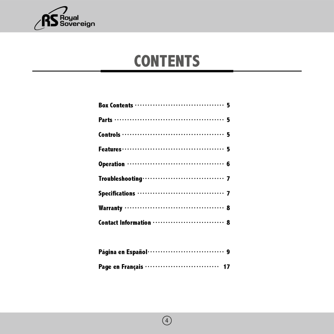 Royal Sovereign ES-410 owner manual Contents 