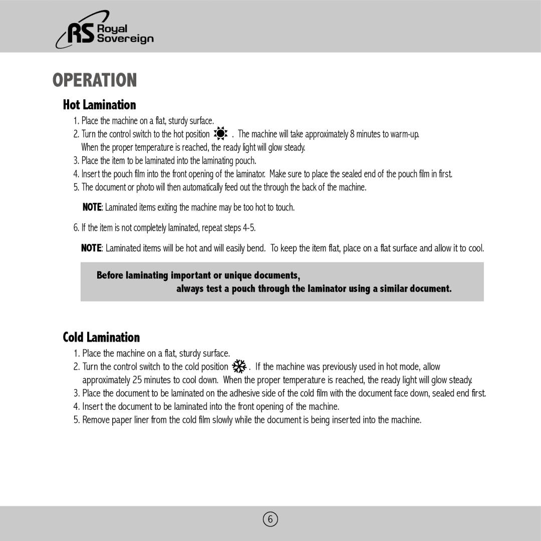 Royal Sovereign ES-410 owner manual Operation, Place the machine on a flat, sturdy surface 