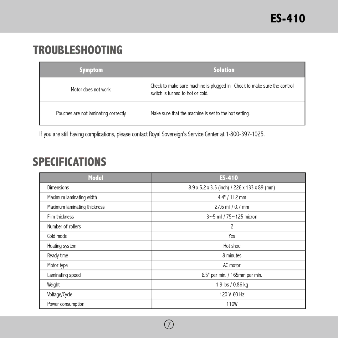 Royal Sovereign ES-410 owner manual Troubleshooting, Specifications 