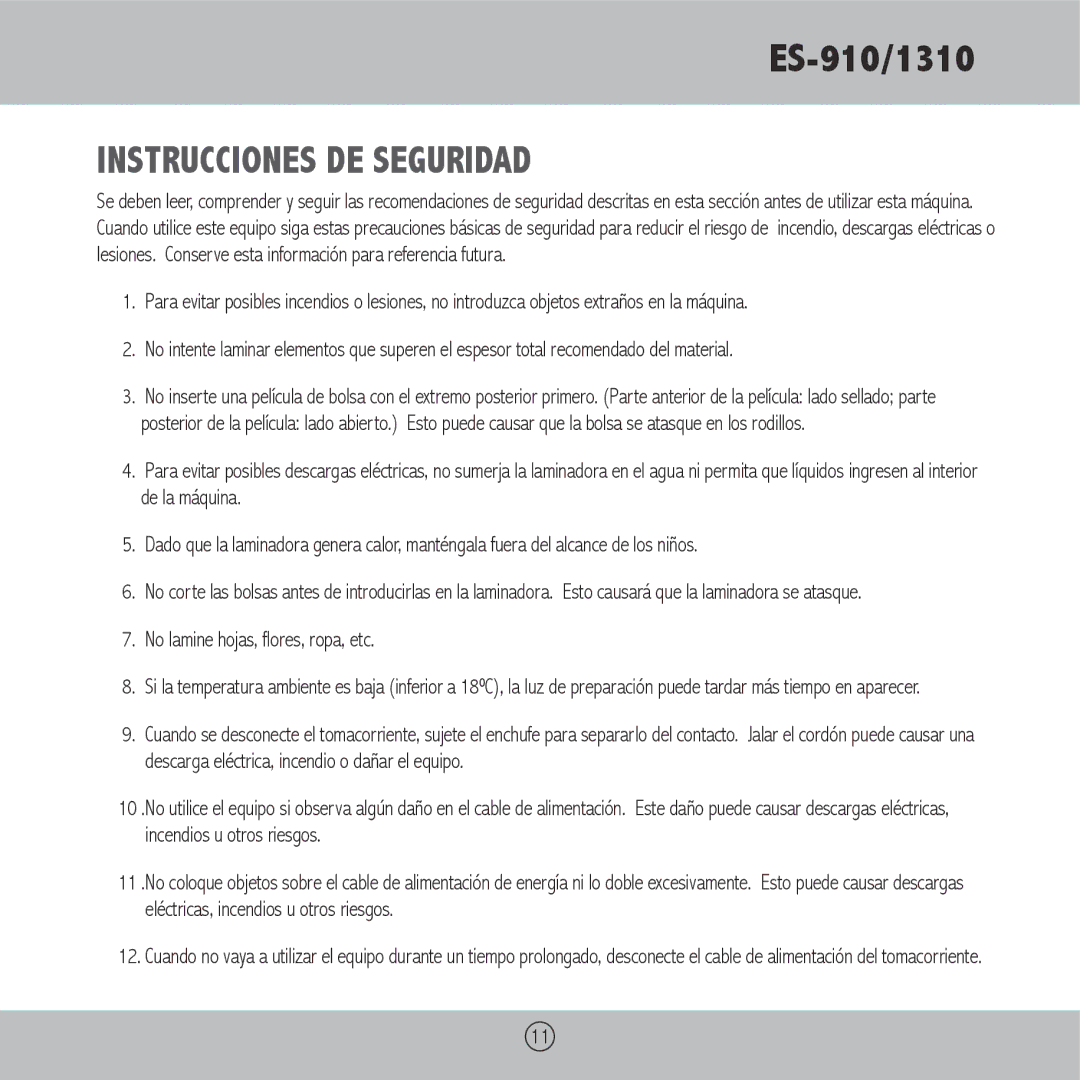 Royal Sovereign ES-1310, ES-910 owner manual Instrucciones DE Seguridad, No lamine hojas, flores, ropa, etc 