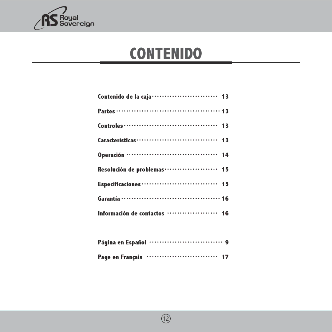 Royal Sovereign ES-910, ES-1310 owner manual Contenido 