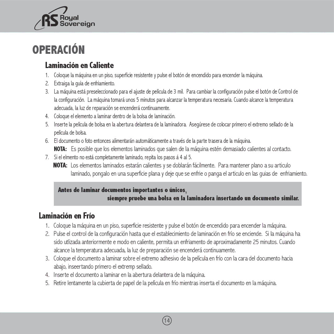 Royal Sovereign ES-910, ES-1310 owner manual Operación, Extraiga la guía de enfriamiento 