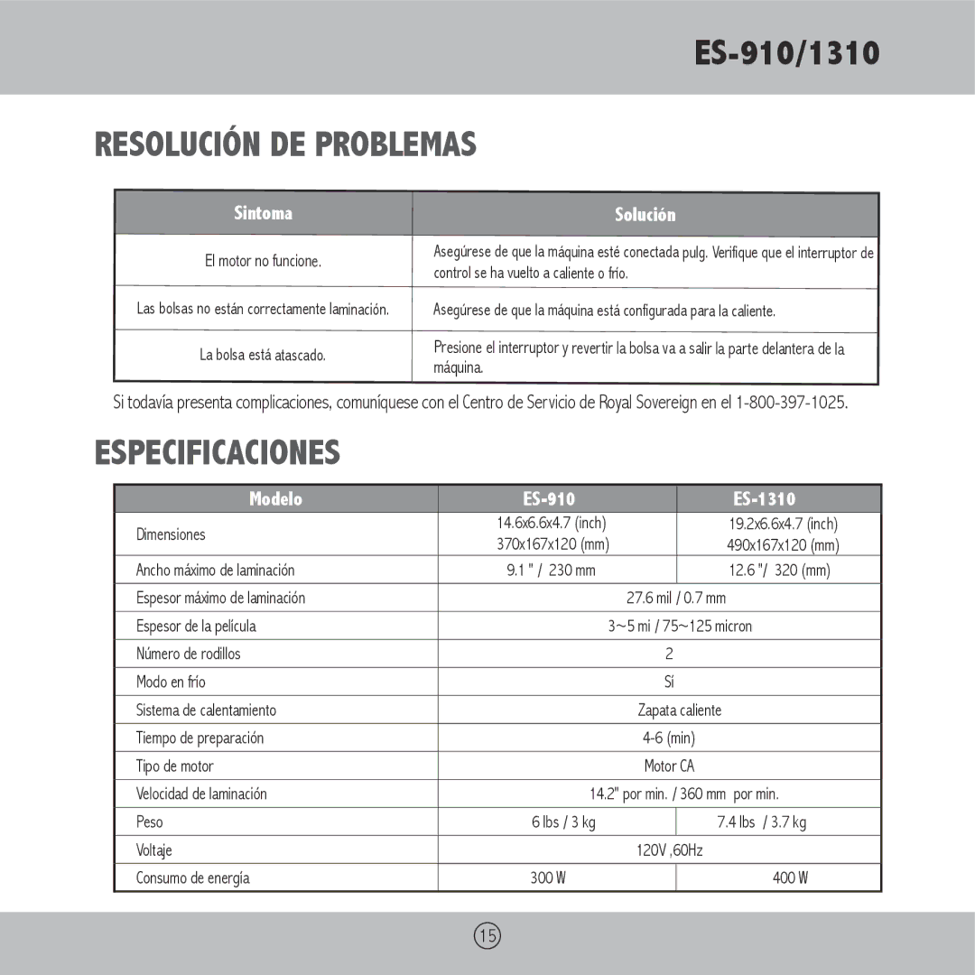 Royal Sovereign ES-1310, ES-910 owner manual Resolución de problemas, Especificaciones 