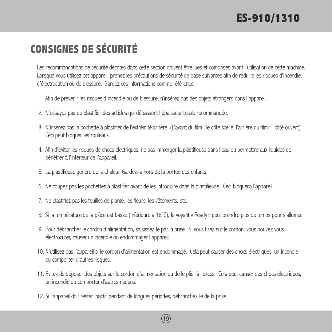 Royal Sovereign ES-1310, ES-910 owner manual Consignes DE Sécurité 