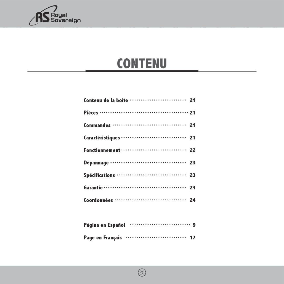 Royal Sovereign ES-910, ES-1310 owner manual Contenu 