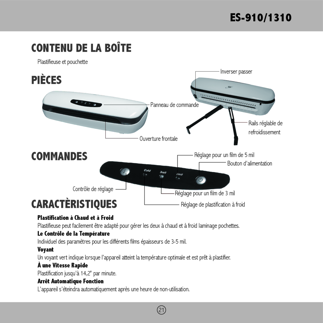 Royal Sovereign ES-1310, ES-910 owner manual Contenu DE LA Boîte, Pièces, Commandes, Caractèristiques 