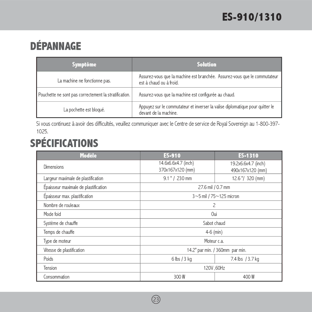 Royal Sovereign ES-1310, ES-910 owner manual Dépannage, Spécifications 